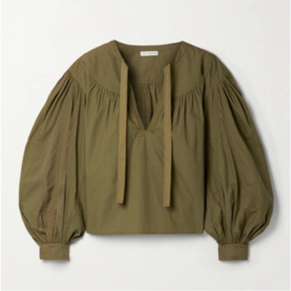 ULLA JOHNSON Delaney Balloon Sleeve Poplin Cotton Blouse in Olive Green Size 0 - Picture 3 of 14